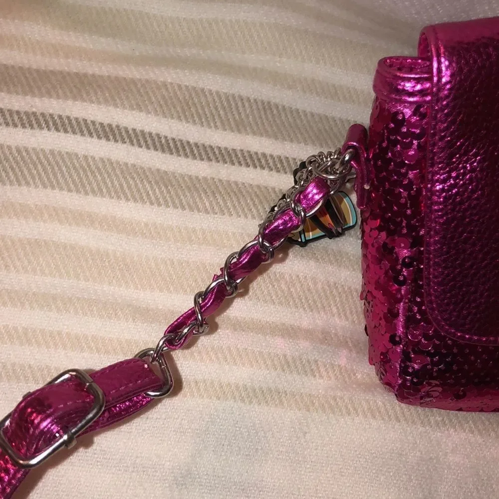 Justice “S” Monogram Fuchsia Pink Sequin Purse Bag with Emoji Charms